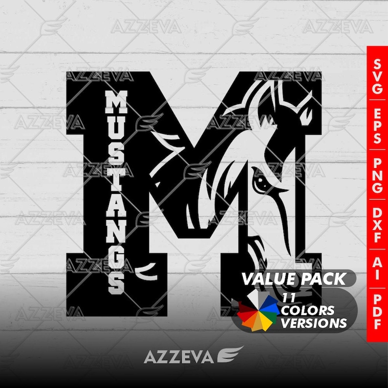 May include: Black and white graphic design of a stylized letter M with the word "MUSTANGS" vertically along the left side. The letter M is filled with a horse's head and neck design. The graphic is labeled "VALUE PACK 11 COLORS VERSIONS".