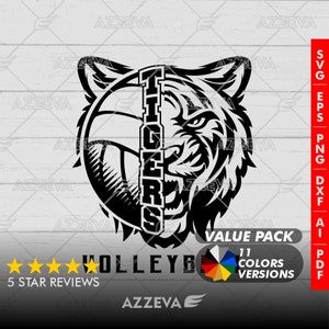 May include: Black and white graphic design of a tiger's head with a volleyball and the word "TIGERS" in the middle. The text "VOLLEYBALL" is below the image. The text "VALUE PACK" and "11 COLORS VERSIONS" are in the bottom right corner.