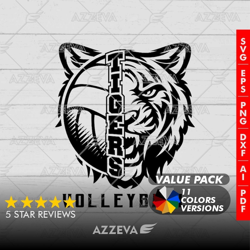 May include: Black and white graphic design of a tiger's head with a volleyball and the word "TIGERS" in the middle. The text "VOLLEYBALL" is below the image. The text "VALUE PACK" and "11 COLORS VERSIONS" are in the bottom right corner.