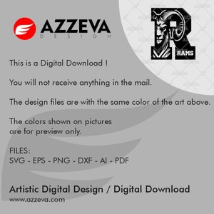 May include: Black and white digital design of a ram's head inside the letter R with the word "RAMS" below. The design is for a digital download and includes SVG, EPS, PNG, DXF, AI, and PDF files.