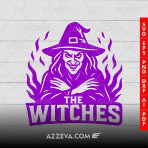 May include: A purple graphic of a witch with a pointed hat, long hair, and a sinister smile. The text "THE WITCHES" is below the witch, with "AZZEVA.COM" at the bottom. Flames surround the witch, and the image is on a white wood-grain background.