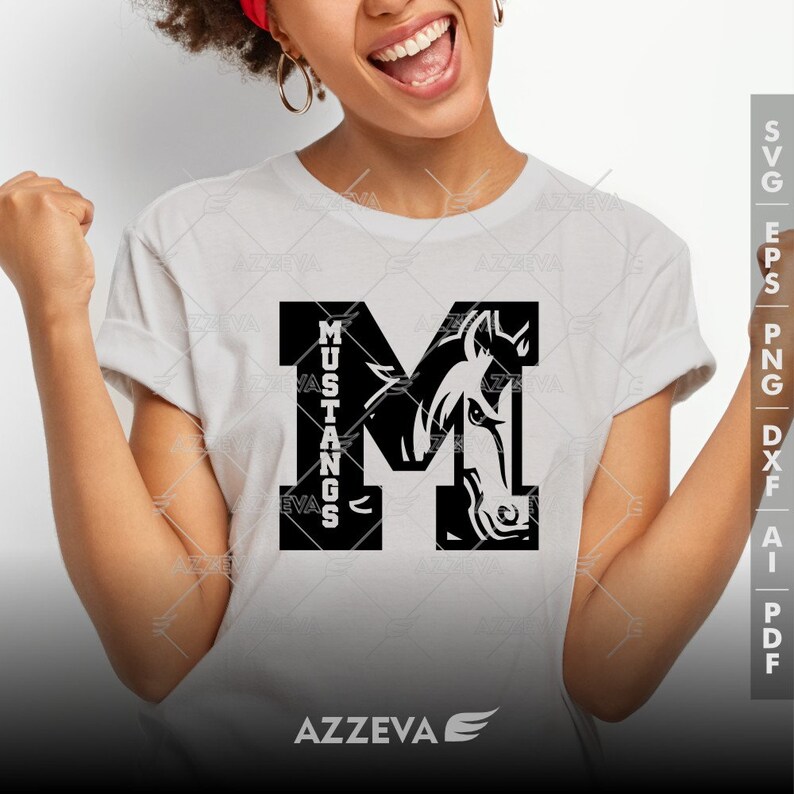 May include: A white t-shirt with a black letter "M" and the word "Mustangs" printed vertically on the left side of the letter. The letter "M" has a horse's head inside of it.