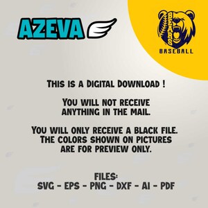 Pode incluir: Download digital de um logotipo de beisebol preto e branco com um urso usando um bon&eacute; de beisebol e segurando um taco de beisebol. O logotipo diz "Bears Baseball". O texto "Esta &eacute; uma transfer&ecirc;ncia digital! Voc&ecirc; n&atilde;o receber&aacute; nada pelo correio. Voc&ecirc; s&oacute; receber&aacute; um arquivo preto. As cores mostradas nas imagens s&atilde;o apenas para visualiza&ccedil;&atilde;o. Arquivos: SVG - EPS - PNG - DXF - AI - PDF" tamb&eacute;m est&aacute; inclu&iacute;do.