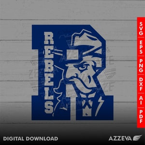 May include: A blue and white digital download graphic featuring a stylized illustration of a man's face within the letter "R". The word "REBELS" is vertically stacked. The text "DIGITAL DOWNLOAD" and "AZZEVA" are also present.