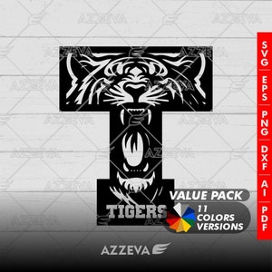 Tigre em T - Pacote de cores de design genérico - 11 cores em SVG, PNG e outros formatos - Artesanato - Cricut - Sublimação - Letra de mascote