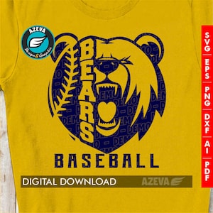May include: A blue and yellow baseball design featuring a bear's head with the word "BEARS" inside a baseball. The text "BASEBALL" is below the bear's head. The text "DIGITAL DOWNLOAD" is at the bottom of the image.