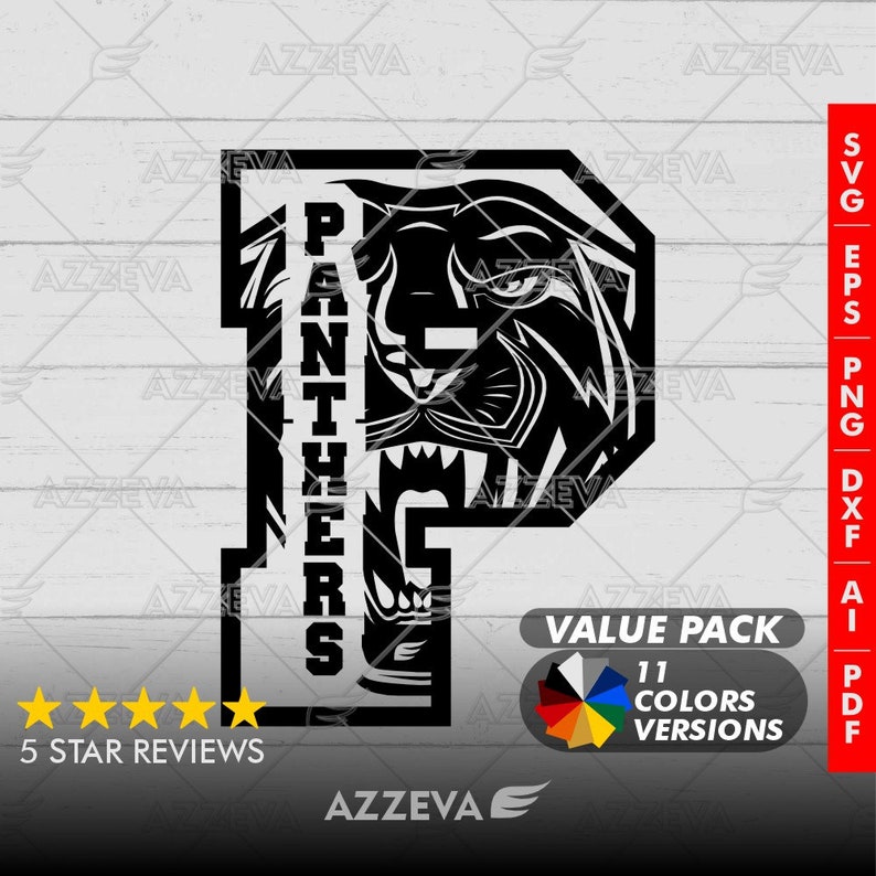 Panther in P Letter Design Bundle, 11 Colors, SVG PNG Formats, Panther Mascot Design, PNG Clipart, Cricut Cut File, Sublimation bild 1