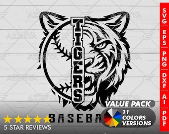 Disegno di una tigre da baseball – 11 colori, SVG PNG Clipart (download digitale)