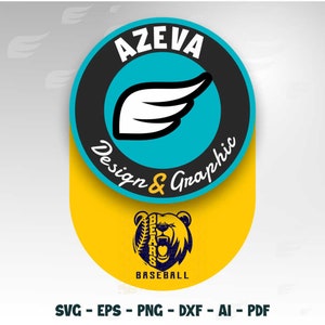 Pode incluir: Um logotipo preto e branco com o texto "AZEVA Design & Graphic" em um c&iacute;rculo com uma asa branca dentro. Abaixo do c&iacute;rculo h&aacute; um c&iacute;rculo amarelo com um logotipo de beisebol azul com o texto "BEARS BASEBALL".