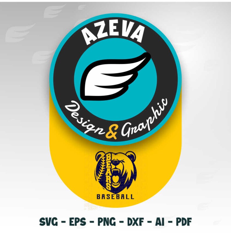Pode incluir: Um logotipo preto e branco com o texto "AZEVA Design & Graphic" em um c&iacute;rculo com uma asa branca dentro. Abaixo do c&iacute;rculo h&aacute; um c&iacute;rculo amarelo com um logotipo de beisebol azul com o texto "BEARS BASEBALL".