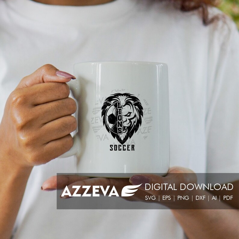 May include: White ceramic mug with a black and white graphic of a lion's head with a soccer ball. The text "LIONS SOCCER" is printed below the graphic.