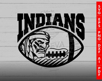 May include: Black and white vector graphic design of an American football with the word "INDIANS" above it. A Native American man's face is visible inside the football.
