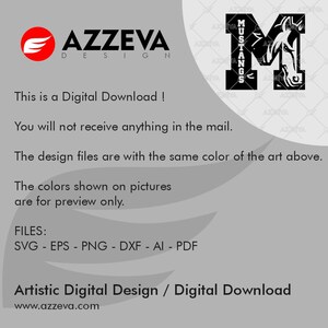 May include: A digital download design featuring a black and white horse head with the word "Mustangs" in a circle around it. The design is for a digital download and includes SVG, EPS, PNG, DXF, AI, and PDF files.