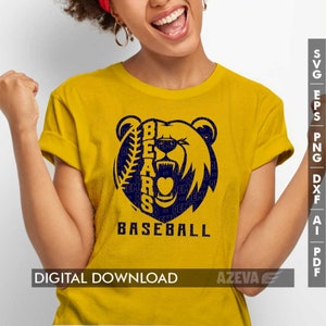 Pode incluir: Uma camiseta amarela com um gr&aacute;fico de urso azul e o texto "BEARS BASEBALL".