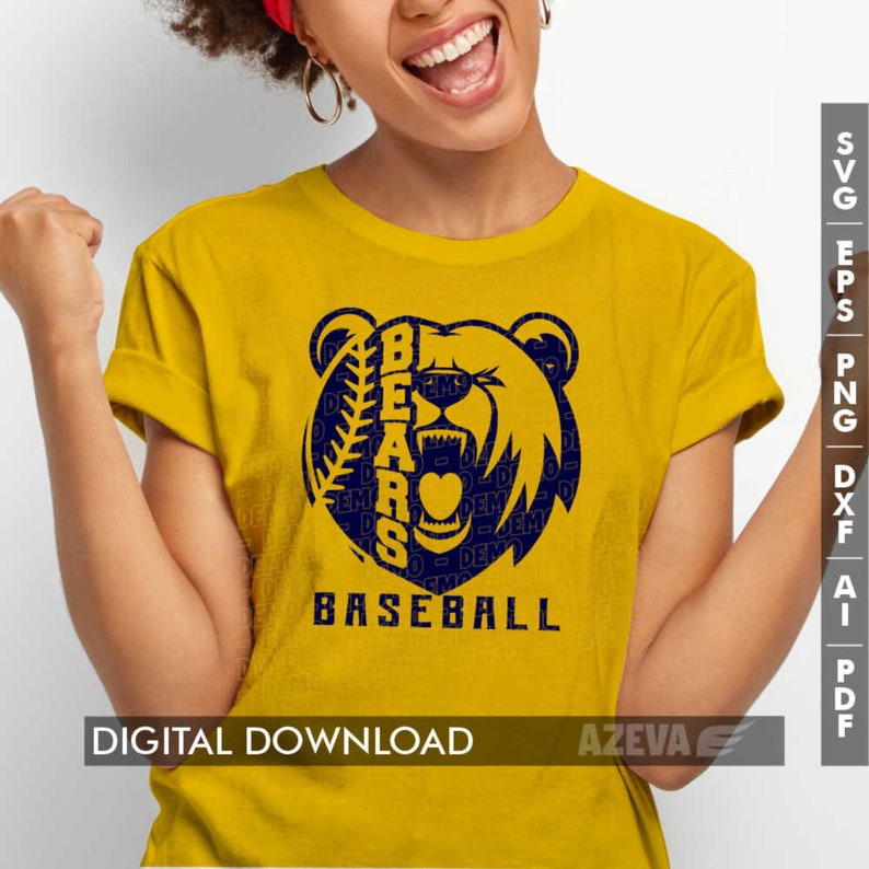 Pode incluir: Uma camiseta amarela com um gr&aacute;fico de urso azul e o texto "BEARS BASEBALL".