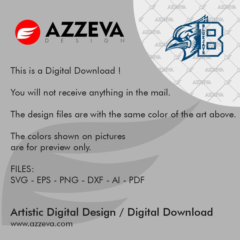 Puede incluir: Un dise&ntilde;o de descarga digital que presenta una mascota azul y blanca con cabeza de p&aacute;jaro y el texto "BLUEJAYS" y el n&uacute;mero "8". El dise&ntilde;o es para un equipo deportivo o una escuela.