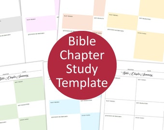 May include: Printable Bible study template with a red circle that says "Bible Chapter Study Template". The template has sections for chapter, date, key verses, chapter summary, main themes, key characters, questions or thoughts, and study notes.