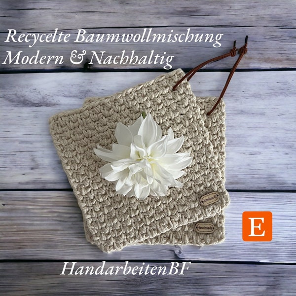 1 Paar / 2 Stück Untersetzer, Topflappen mit Lederbändchen - recycelte Baumwollmischung - Naturfarben