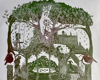 The Garden | Original Lino Print | Secret Garden | Book Illustration | handprinted | English Garden | Rose | Robin | Oak tree | 33 x60 cm