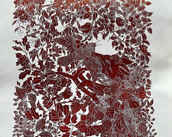 The Hedgerow | 79 x 53 cm| Lino Print | original | Fox | black bird | starling | English | British Countryside | Woodland | fine art