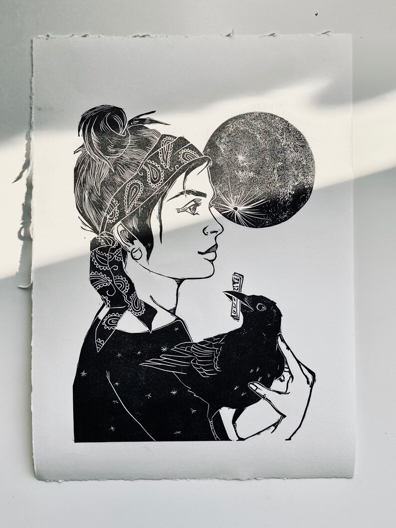The Messenger crow Lino print witchy witch art occult gift lady tarot moon gypsy original limited Wicca