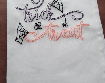 Halloween Trick-Or-Treat Hand-Embroidered Tea Towel