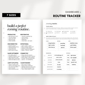Könnte beinhalten: Ein schwarz-weißes druckbares Arbeitsblatt mit dem Titel "build a perfect evening routine". Das Arbeitsblatt enthält Abschnitte für produktive, erholsame, getrennte, absichtliche, schlafoptimierte, verbundene, leichte und spielerische sowie klare Aktivitäten. Es gibt auch einen Abschnitt für einen täglichen Routine-Tracker mit einer Liste von Aktivitäten und Zeiten.