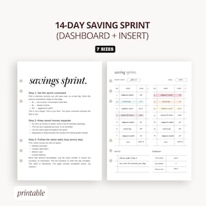 Può includere: Un pianificatore stampabile di due pagine con il testo "14-DAY SAVING SPRINT" e "savings sprint." Il pianificatore include sezioni per impostare vincoli, tenere i soldi separati e cicli giornalieri. Il design è minimalista con sfondo bianco.