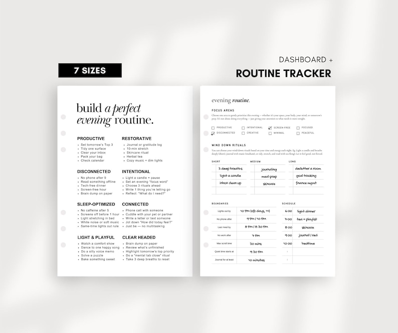 Evening Routine Workshee Evening Routine Dashboard: Minimalist Printable Planner (PDF) - Etsy