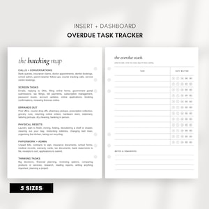 May include: A white planner insert with the text "INSERT + DASHBOARD OVERDUE TASK TRACKER". The left side lists tasks like "CALLS + CONVERSATIONS" and "SCREEN TASKS". The right side is a task list with checkboxes. The bottom reads "5 SIZES".