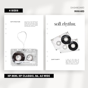 May include: A minimalist planner design with two pages. One page features a cassette tape with the text "THE MELODY" and a heart-shaped tape loop. The other page displays two cassette tapes with the words "soft rhythm."