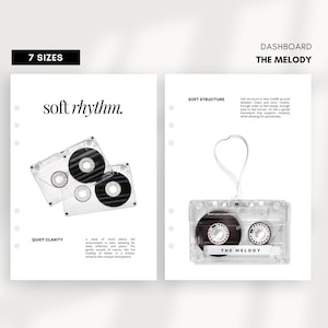 Könnte beinhalten: Ein minimalistisches Design mit zwei transparenten Kassetten mit schwarzen und silbernen Details und dem Text "soft rhythm." Das Bild enthält auch den Text "7 sizes" und "Dashboard The Melody."