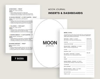 May include: A collection of white and beige Moon Journal inserts and dashboards. The image displays pages with text and a circular design. The text includes moon phases and journaling prompts. The words "Moon Journal" and "7 Sizes" are also visible.