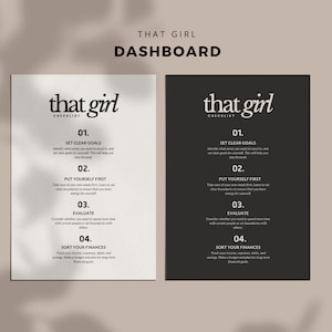 Puede incluir: Dos listas de verificación en blanco y negro con el texto "that girl" y una lista de verificación de cuatro elementos: Establecer objetivos claros, Ponerte primero, Evaluar y Ordenar tus finanzas.