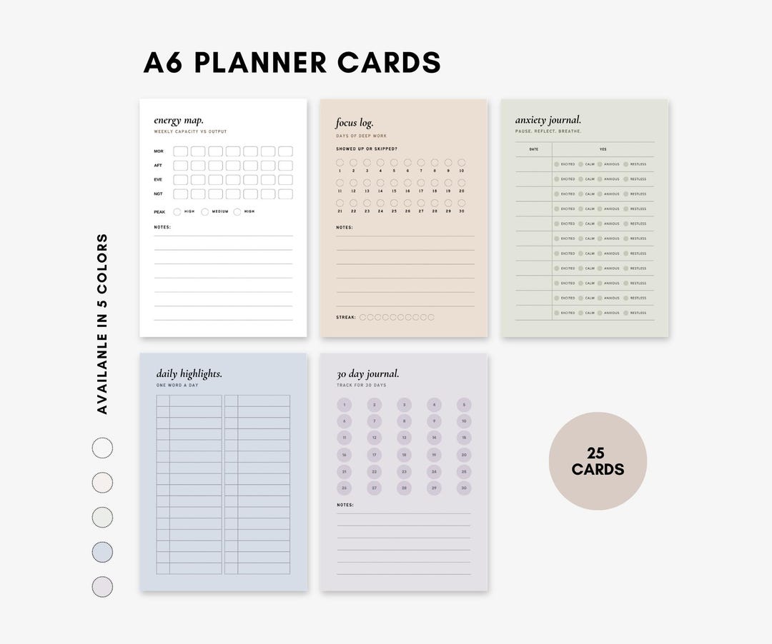 A6 Productivity Planner Cards Digital Download | Printable A6 Inserts 5 ...