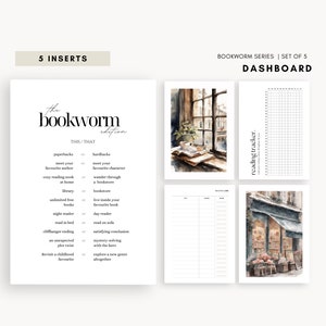 May include: A set of five printable planner inserts for book lovers. The inserts feature a watercolour illustration of a bookshop, a reading tracker, and a list of "This/That" questions about reading habits. The text "The Bookworm Edition" is featured at the top of the page.