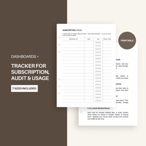 Puede incluir: Un rastreador de suscripciones imprimible con fondo blanco y borde marrón. El rastreador incluye secciones para el nombre de la suscripción, el mes, el costo y las opciones de cancelación. El texto de la izquierda dice "Paneles + Rastreador de suscripción, auditoría y uso, 7 tamaños incluidos."