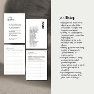 K&ouml;nnte beinhalten: Mehrere wei&szlig;e Papierseiten mit schwarzem Text, darunter die W&ouml;rter "24 day life admin" und "INDEX." Die Seiten enthalten Listen und Diagramme. Der Text auf der rechten Seite lautet "you'll stop" gefolgt von einer Liste h&auml;ufiger Probleme.