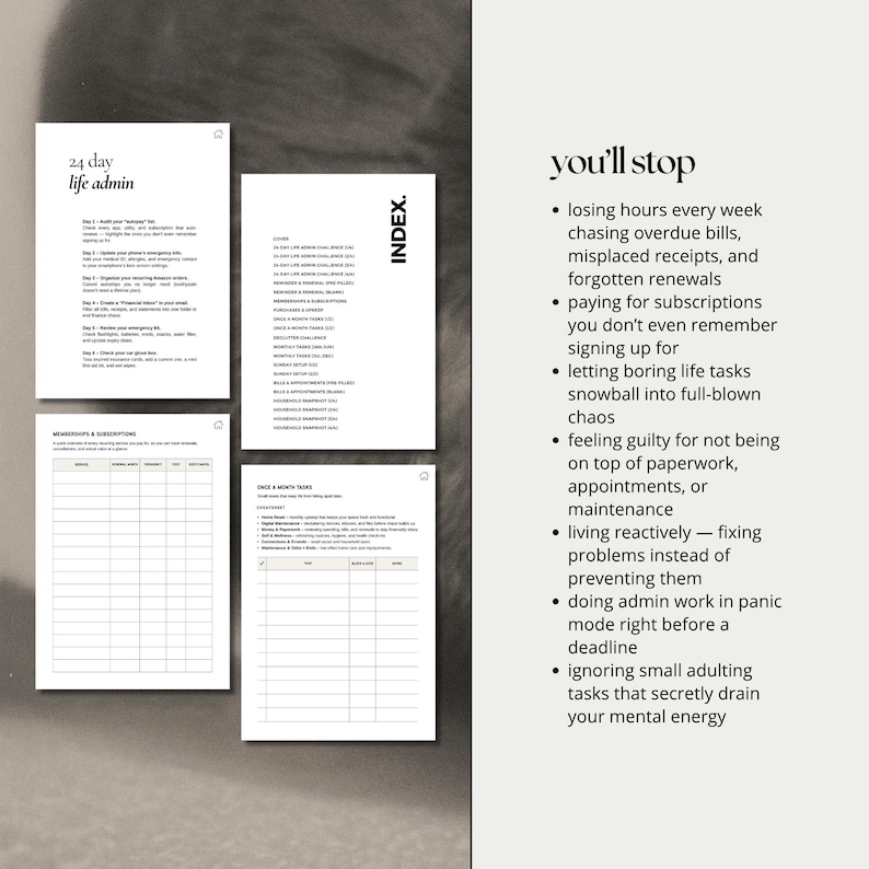 K&ouml;nnte beinhalten: Mehrere wei&szlig;e Papierseiten mit schwarzem Text, darunter die W&ouml;rter "24 day life admin" und "INDEX." Die Seiten enthalten Listen und Diagramme. Der Text auf der rechten Seite lautet "you'll stop" gefolgt von einer Liste h&auml;ufiger Probleme.