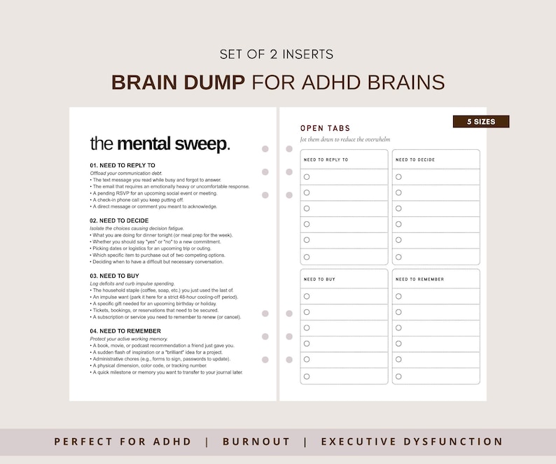 K&ouml;nnte beinhalten: Ein Set aus zwei wei&szlig;en Planer-Einlagen mit dem Titel Brain Dump for ADHD Brains. Die linke Seite zeigt The Mental Sweep mit vier Kategorien: Need to Reply To, Need to Decide, Need to Buy und Need to Remember. Die rechte Seite enth&auml;lt Open Tabs mit entsprechenden Checklisten.