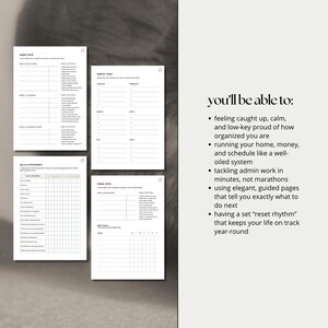 K&ouml;nnte beinhalten: Eine Sammlung wei&szlig;er Papierplanerseiten mit schwarzem Text, darunter Abschnitte f&uuml;r das Sonntags-Setup, monatliche Aufgaben und Rechnungen. Der Text "you'll be able to:" befindet sich auf der rechten Seite, gefolgt von Aufz&auml;hlungspunkten zur Organisation.