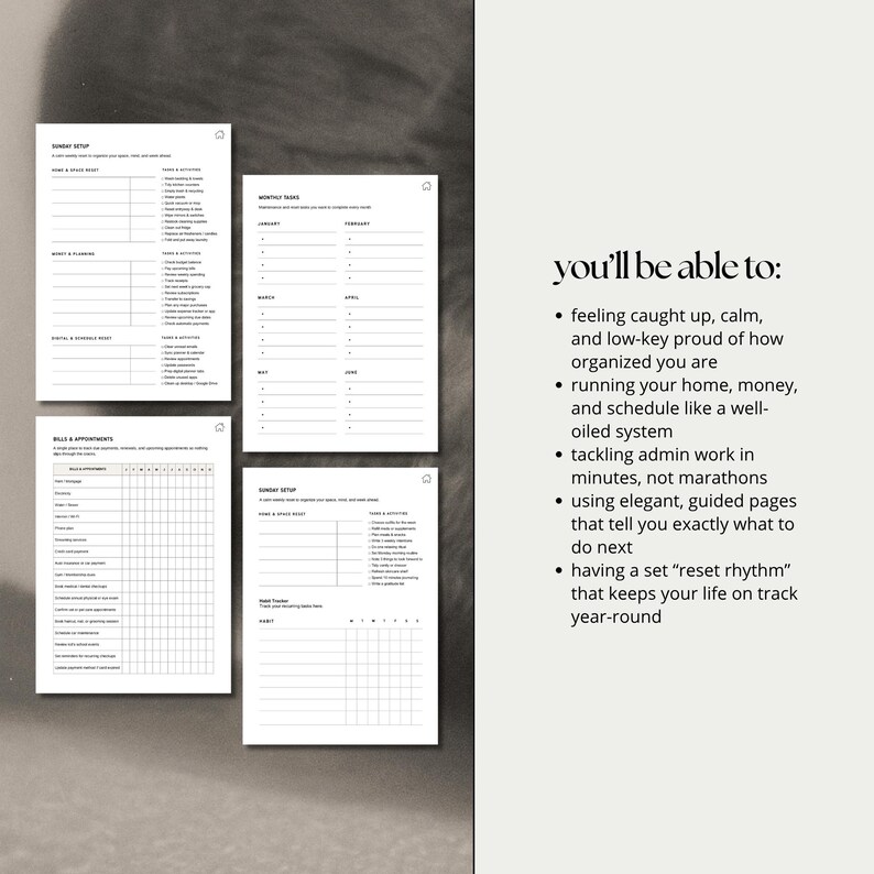 K&ouml;nnte beinhalten: Eine Sammlung wei&szlig;er Papierplanerseiten mit schwarzem Text, darunter Abschnitte f&uuml;r das Sonntags-Setup, monatliche Aufgaben und Rechnungen. Der Text "you'll be able to:" befindet sich auf der rechten Seite, gefolgt von Aufz&auml;hlungspunkten zur Organisation.