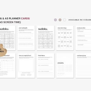 May include: A set of A6 and A5 planner cards in white, with activities such as Sudoku, journaling prompts, and observation bingo. The cards are available in three colours and include 30 cards. Text on the cards includes "Sudoku," "your reading life," and "observation bingo."