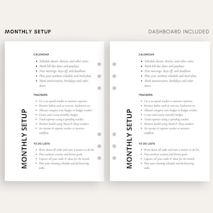 May include: A black and white printable planner page with the title "Monthly Setup" and a list of calendar and tracker ideas. The page also includes a section for to-do lists.
