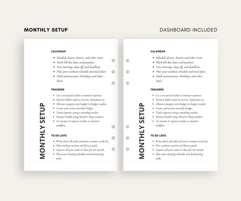 May include: A black and white printable planner page with the title "Monthly Setup" and a list of calendar and tracker ideas. The page also includes a section for to-do lists.