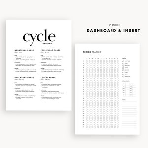 May include: Black and white printable period tracker with a calendar grid for tracking menstrual cycle dates, flow, and symptoms. The tracker also includes a section for cycle length and notes.