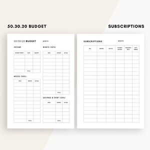 Puede incluir: Un planificador blanco con dos p&aacute;ginas enfrentadas. La p&aacute;gina izquierda se titula "50.30.20 BUDGET" e incluye secciones para ingresos, necesidades y ahorro y deuda. La p&aacute;gina derecha se titula "SUBSCRIPTIONS" y tiene una tabla.
