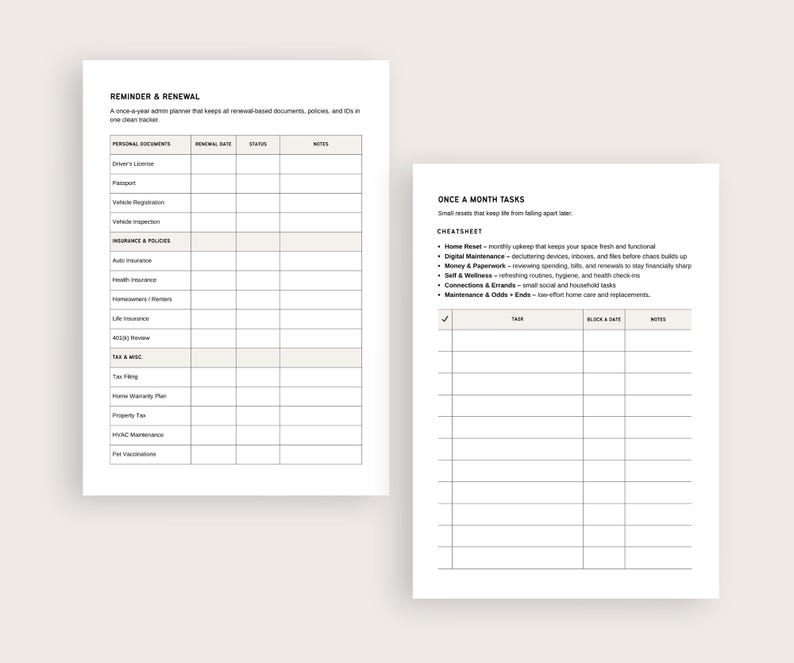 K&ouml;nnte beinhalten: Zwei wei&szlig;e Papierplaner mit schwarzem Text. Der linke Planer tr&auml;gt den Titel "Reminder & Renewal" und listet pers&ouml;nliche Dokumente, Versicherungen und Steuerinformationen auf. Der rechte Planer tr&auml;gt den Titel "Once a Month Tasks" mit einer Checkliste.