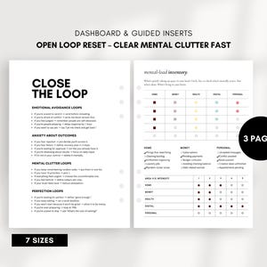 May include: White planner inserts with text: "CLOSE THE LOOP" and "OPEN LOOP RESET - CLEAR MENTAL CLUTTER FAST." Includes checklists and a mental-load inventory chart. Features the text "7 SIZES" and "3 PAGES."