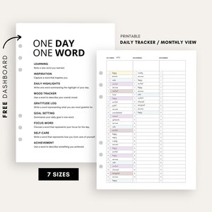 May include: Printable daily tracker with a monthly view. The tracker is designed to help you reflect on your day by writing one word for each category: learning, inspiration, daily highlights, mood, gratitude, goal setting, focus, self-care, and achievement. The tracker includes a list of mood words to choose from.